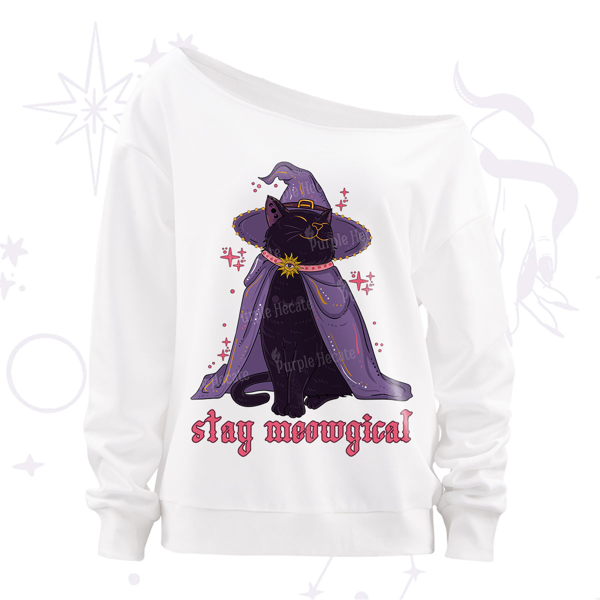 Purplehecate Stay Meowgical Cat Off The Shoulder Sweatshirt