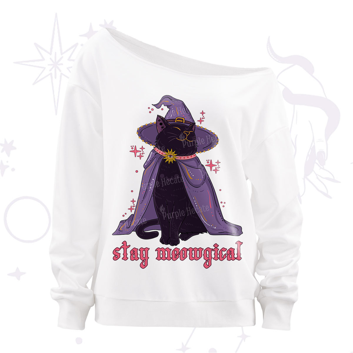 Purplehecate Stay Meowgical Cat Off The Shoulder Sweatshirt