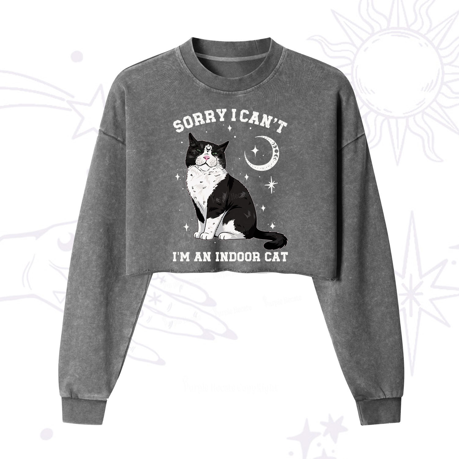 Purplehecate Sorry I Can't Go I'm an Indoor Cat Cropped Washed Sweatshirt