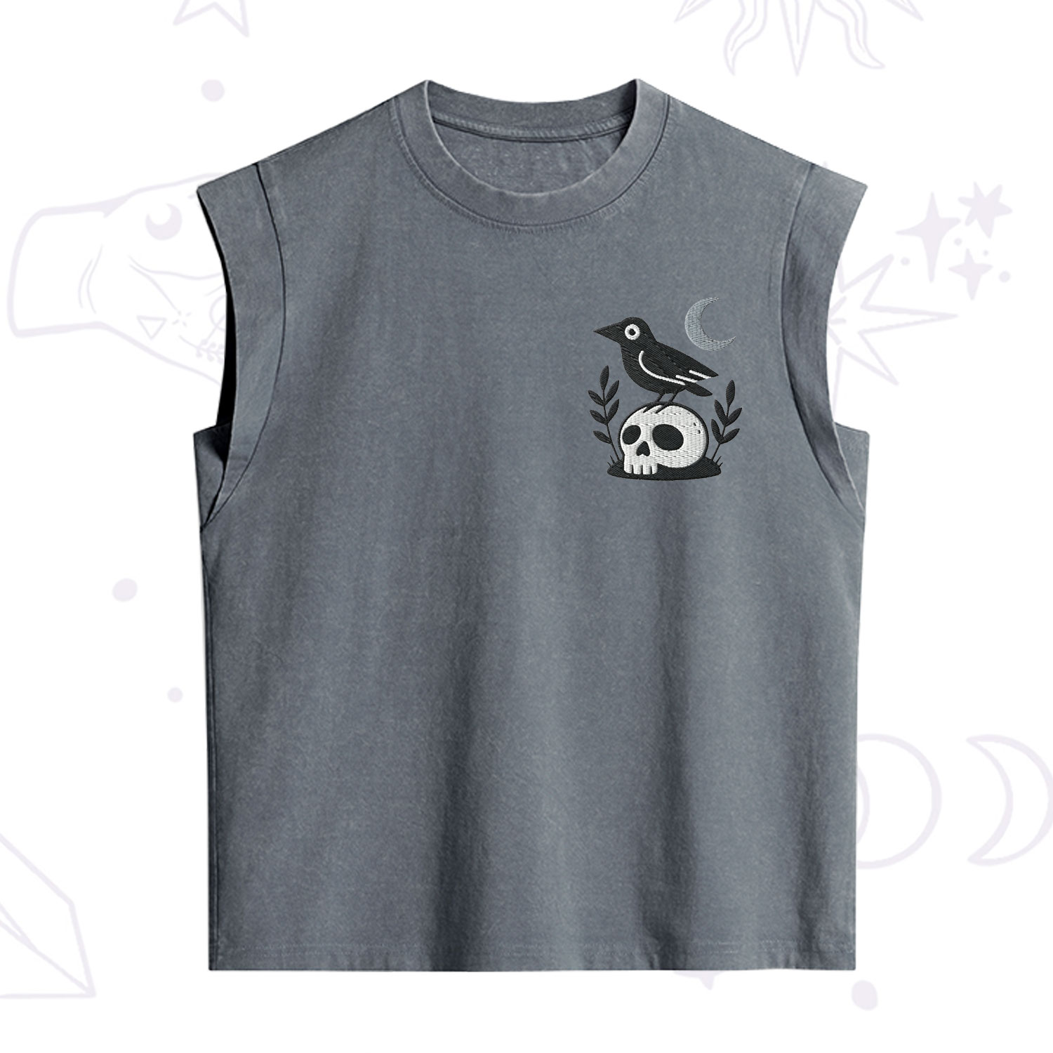 Purplehecate Witchy Crow Skull Embroidered Vintage Washed Tank