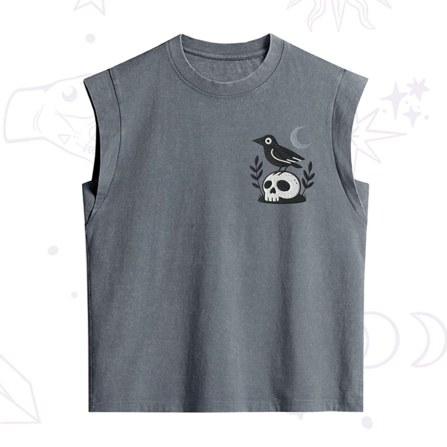 Purplehecate Witchy Crow Skull Embroidered Vintage Washed Tank
