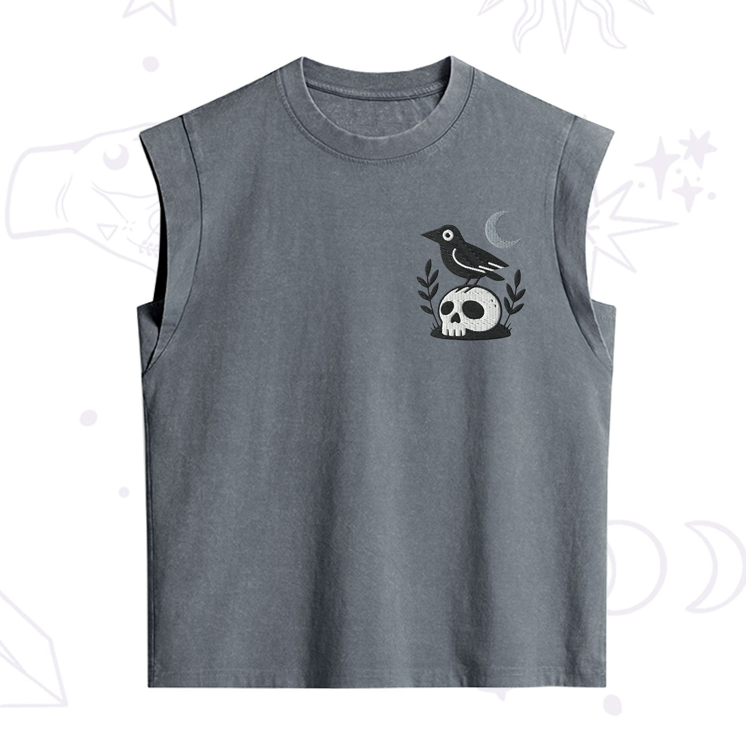 Purplehecate Witchy Crow Skull Embroidered Vintage Washed Tank