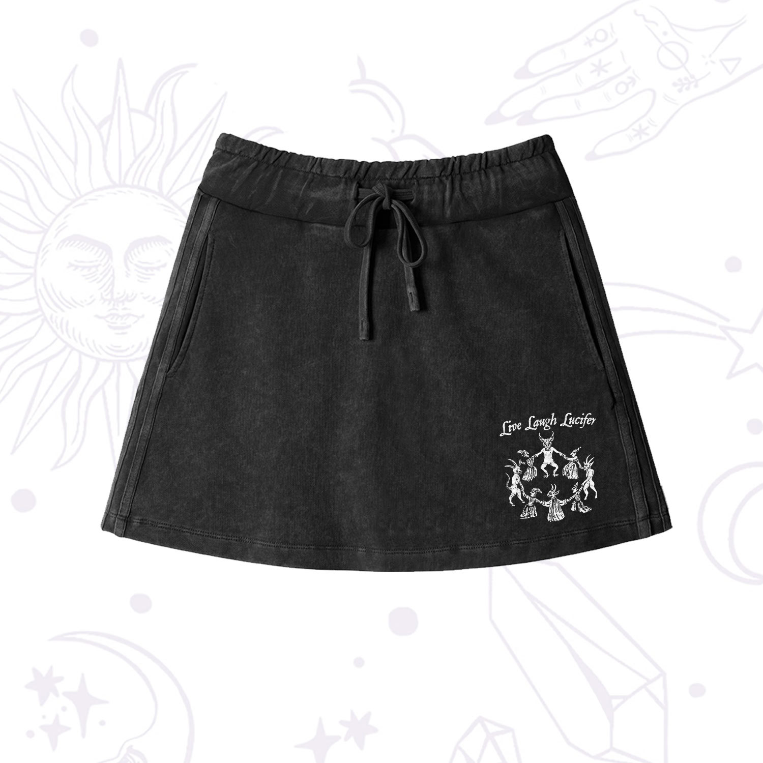 Purplehecate Live Laugh Lucifer Washed Drawstring Mini Skirt