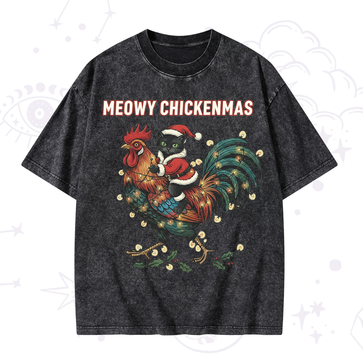 Purplehecate Meowy Chickenmas Christmas Washed T-Shirt