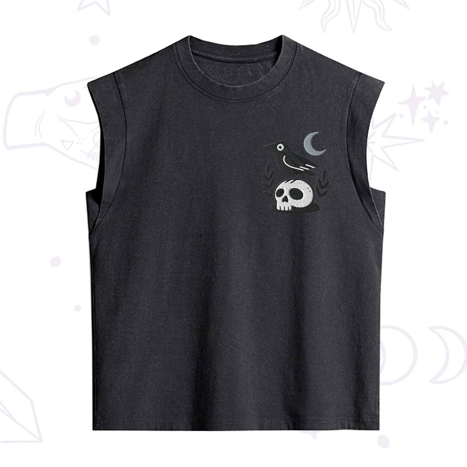 Purplehecate Witchy Crow Skull Embroidered Vintage Washed Tank