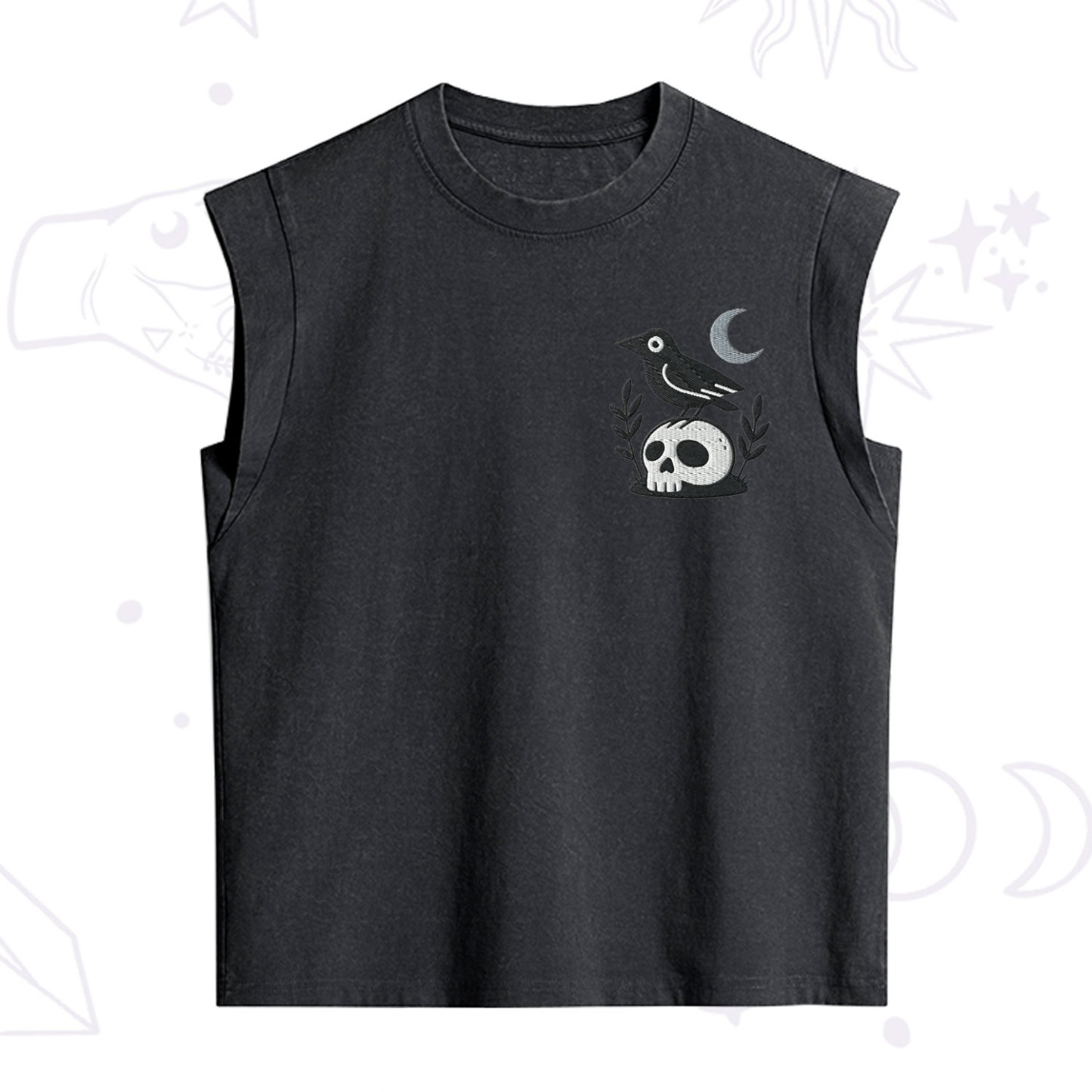 Purplehecate Witchy Crow Skull Embroidered Vintage Washed Tank
