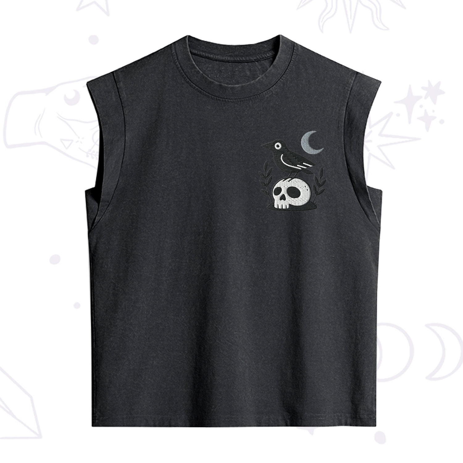 Purplehecate Witchy Crow Skull Embroidered Vintage Washed Tank