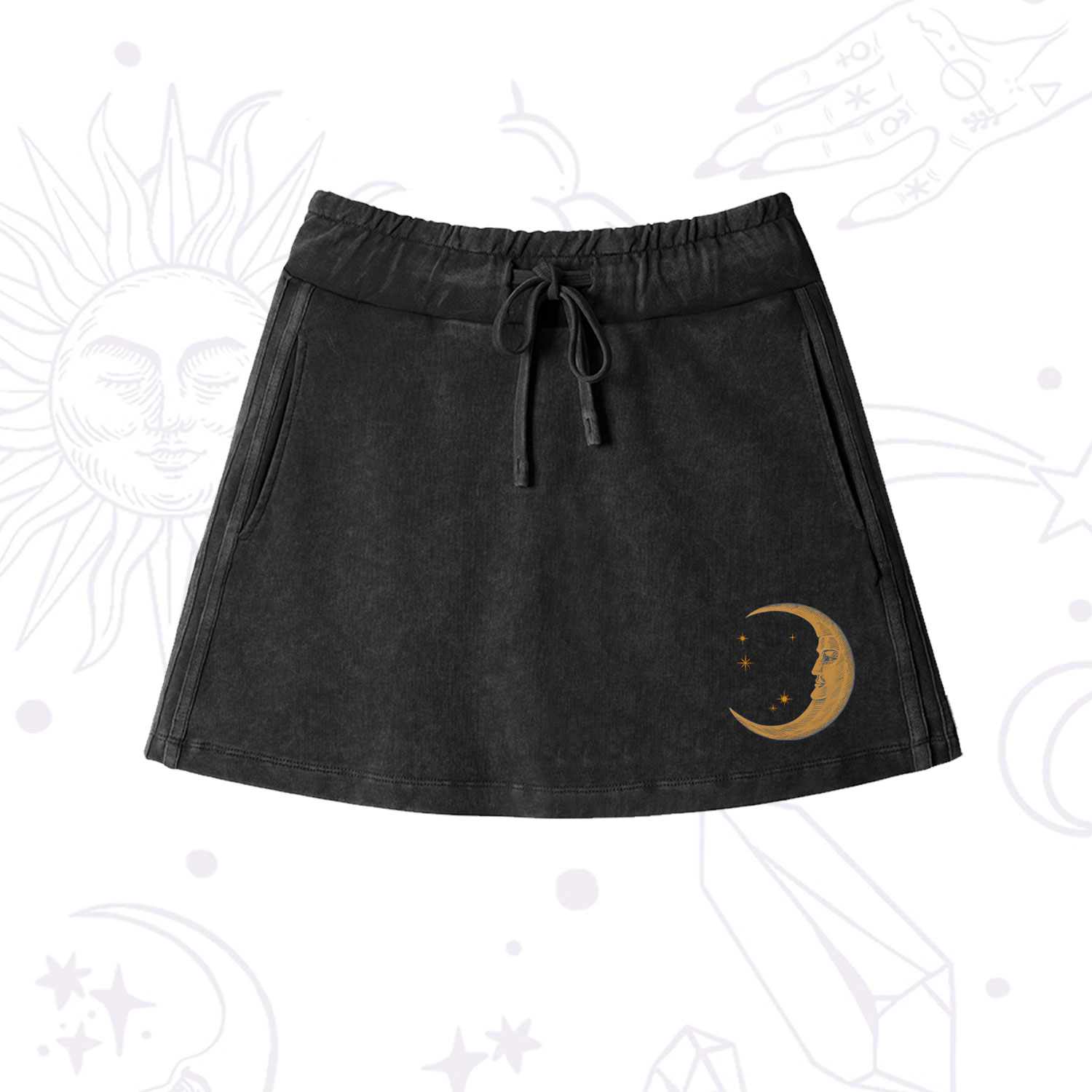 Purplehecate Celestial Moon Washed Drawstring Mini Skirt