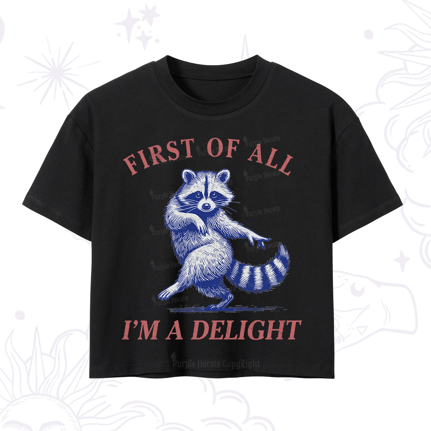 Purplehecate First of All I'm a Delight Funny Raccoon Crop T-Shirt
