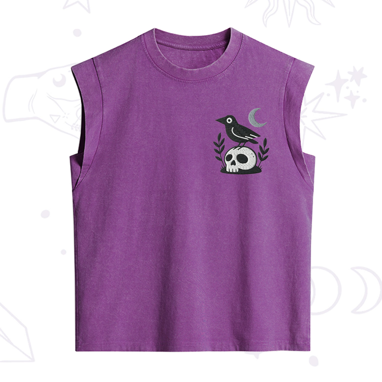Purplehecate Witchy Crow Skull Embroidered Vintage Washed Tank