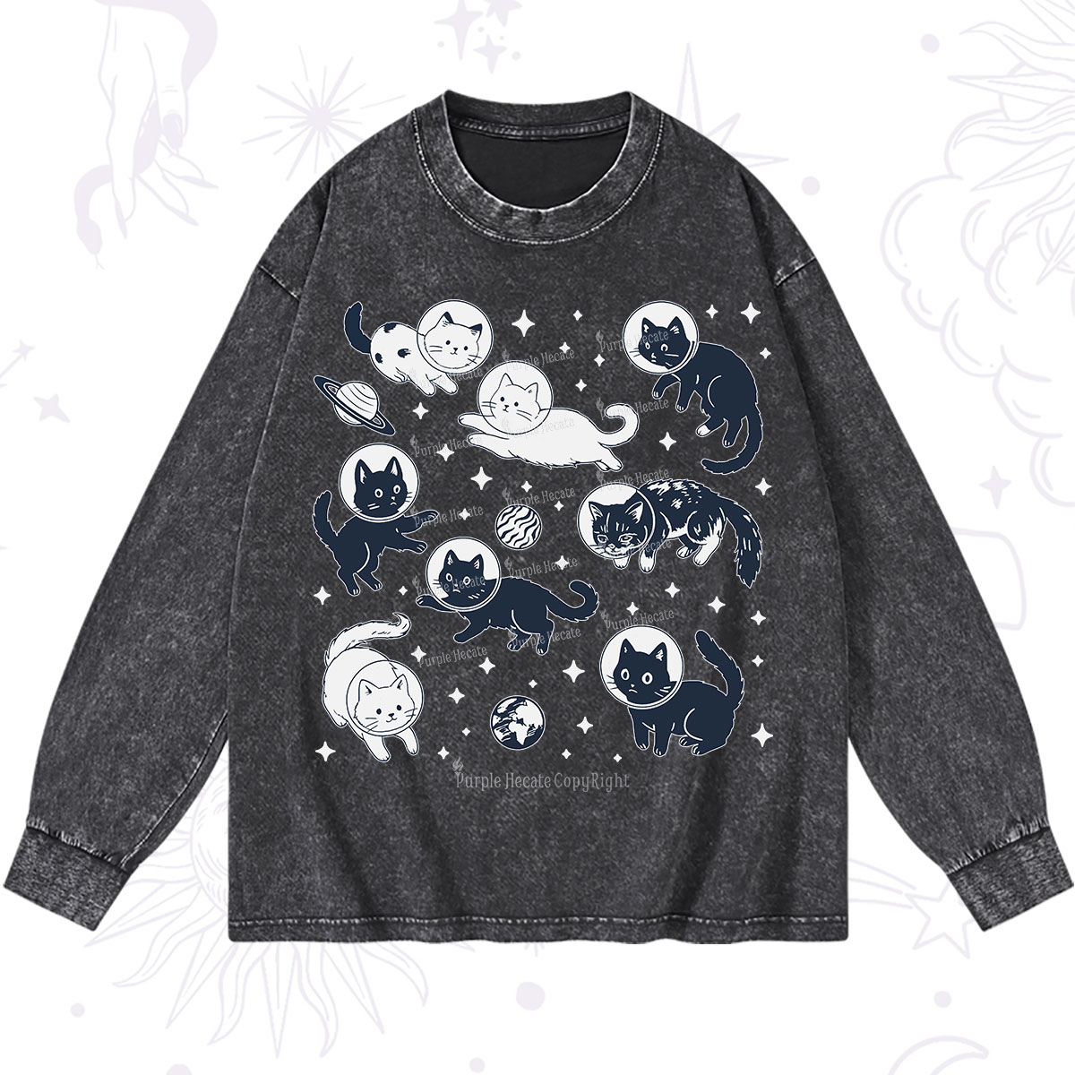 Purplehecate Cats in Space Washed Long Sleeve Shirt