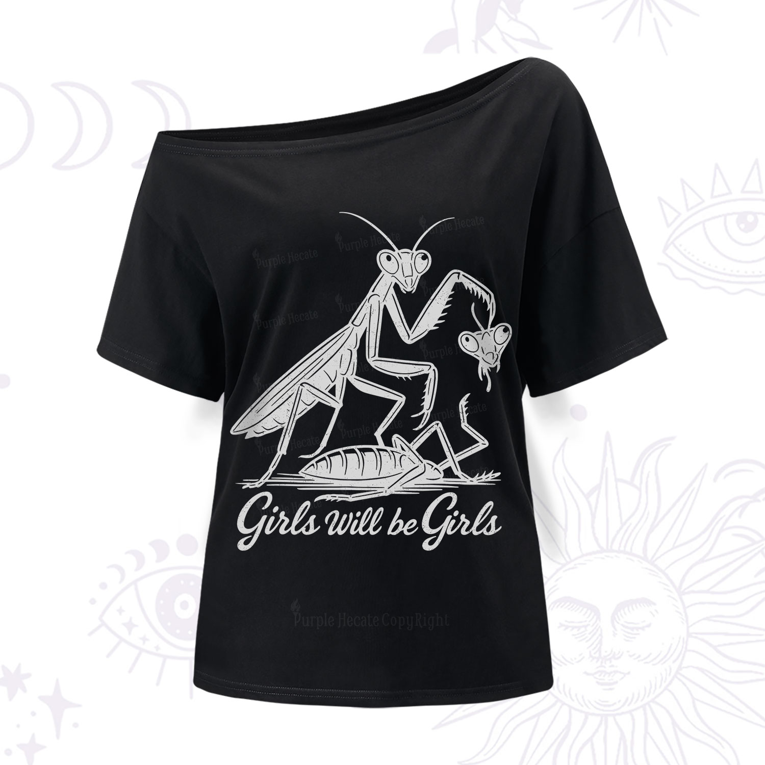 Purplehecate Girls Will Be Girls Praying Mantis One Shoulder T-Shirt