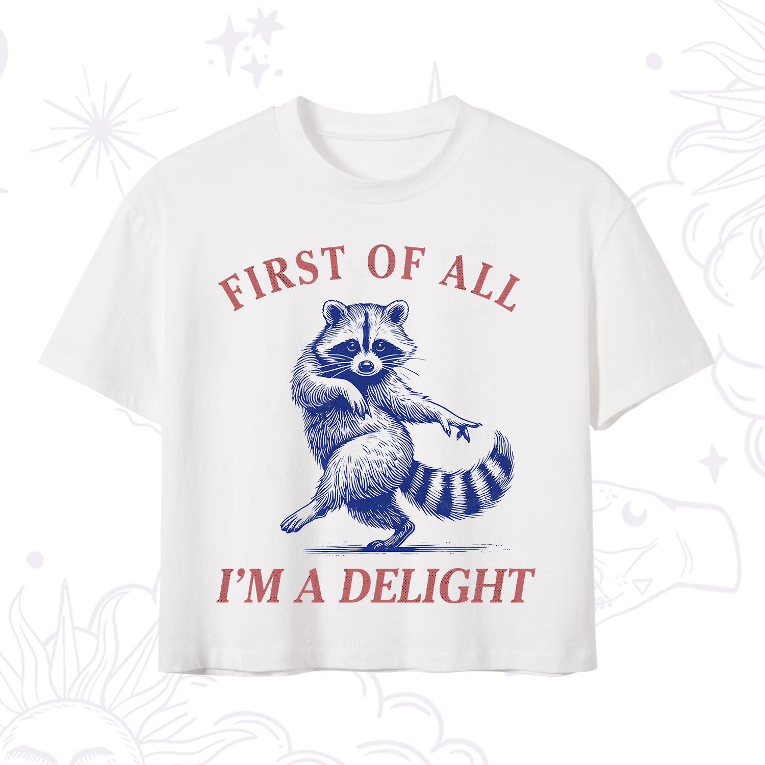 Purplehecate First of All I'm a Delight Funny Raccoon Crop T-Shirt
