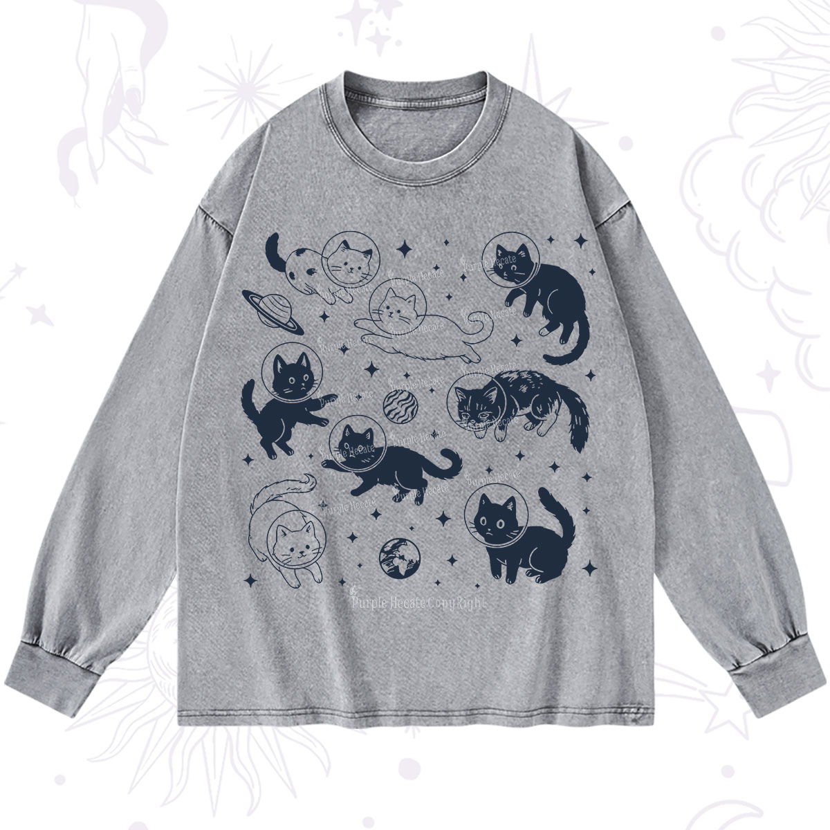 Purplehecate Cats in Space Washed Long Sleeve Shirt