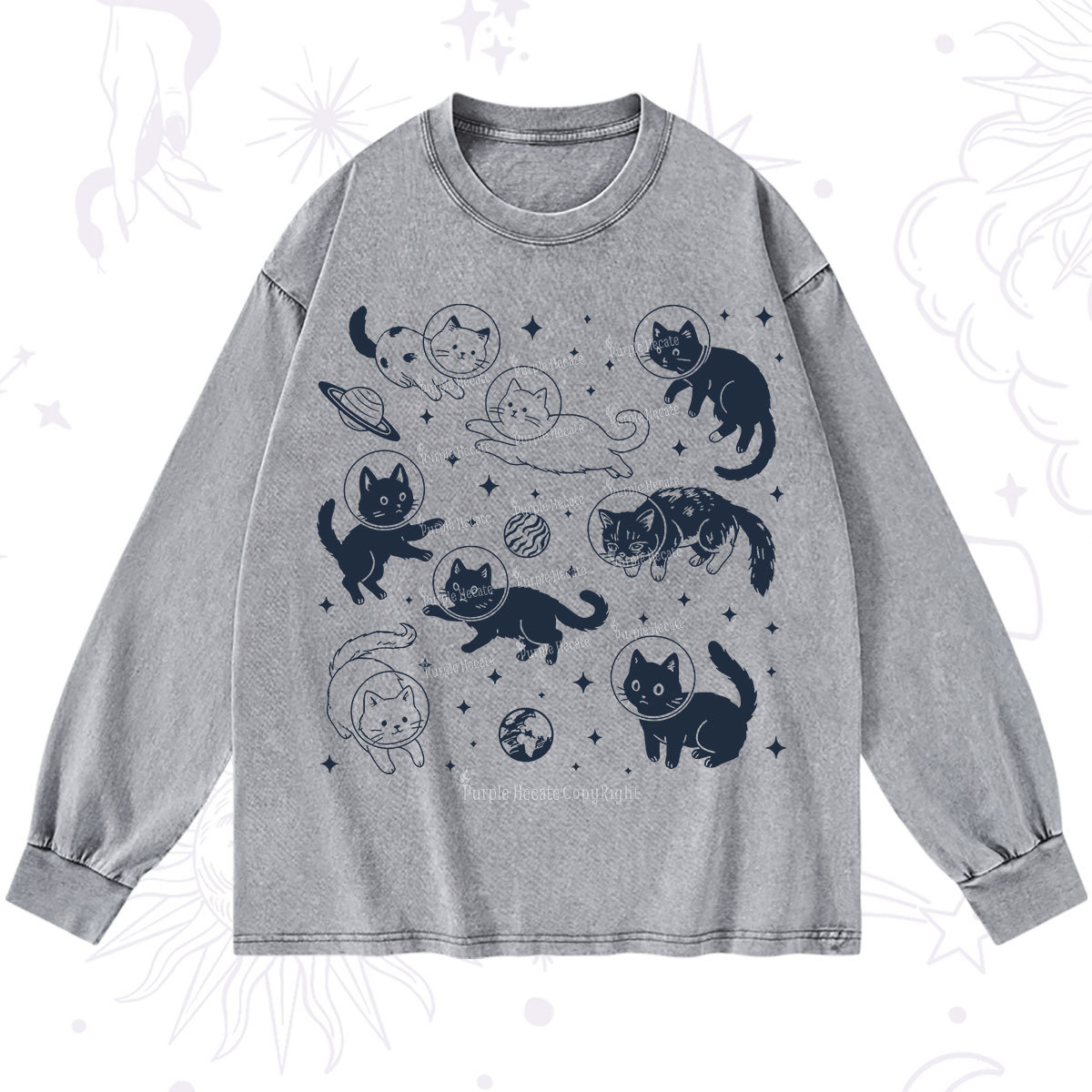 Purplehecate Cats in Space Washed Long Sleeve Shirt