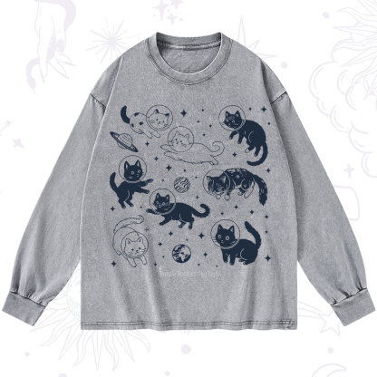 Purplehecate Cats in Space Washed Long Sleeve Shirt