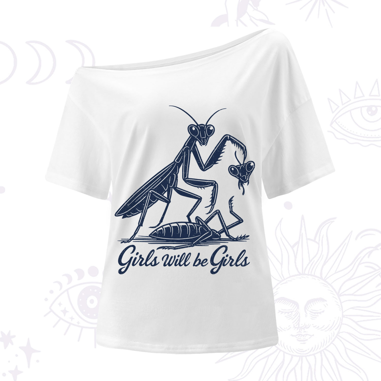 Purplehecate Girls Will Be Girls Praying Mantis One Shoulder T-Shirt