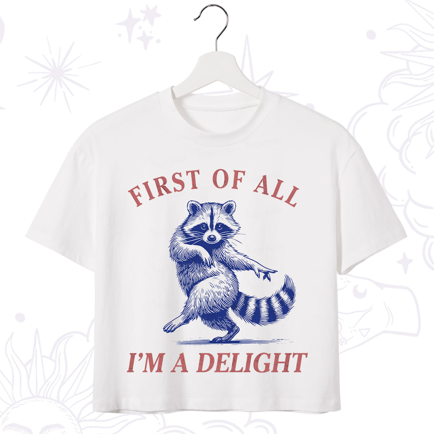 Purplehecate First of All I'm a Delight Funny Raccoon Crop T-Shirt