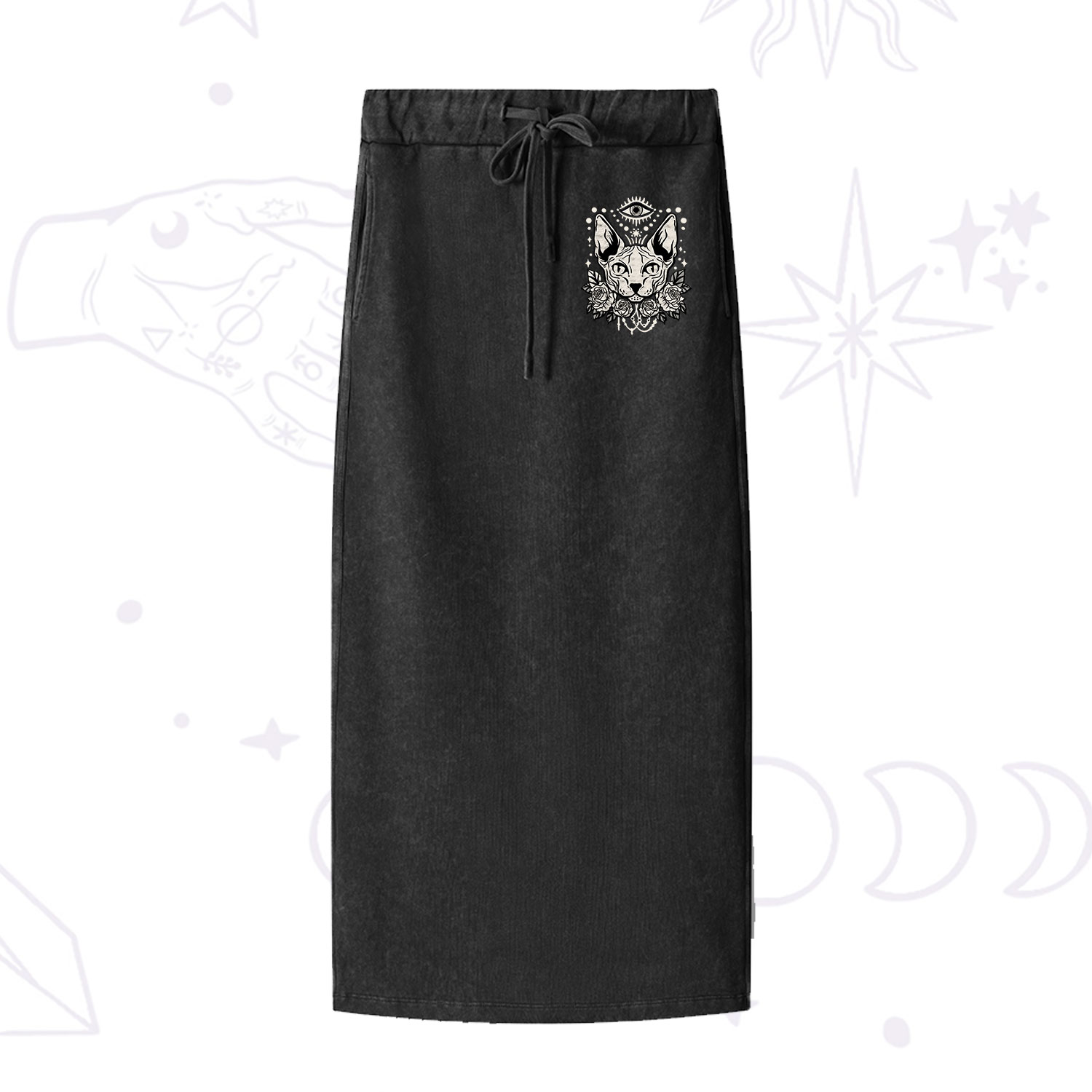 Purplehecate Mystical Cat Washed Drawstring Long Skirt