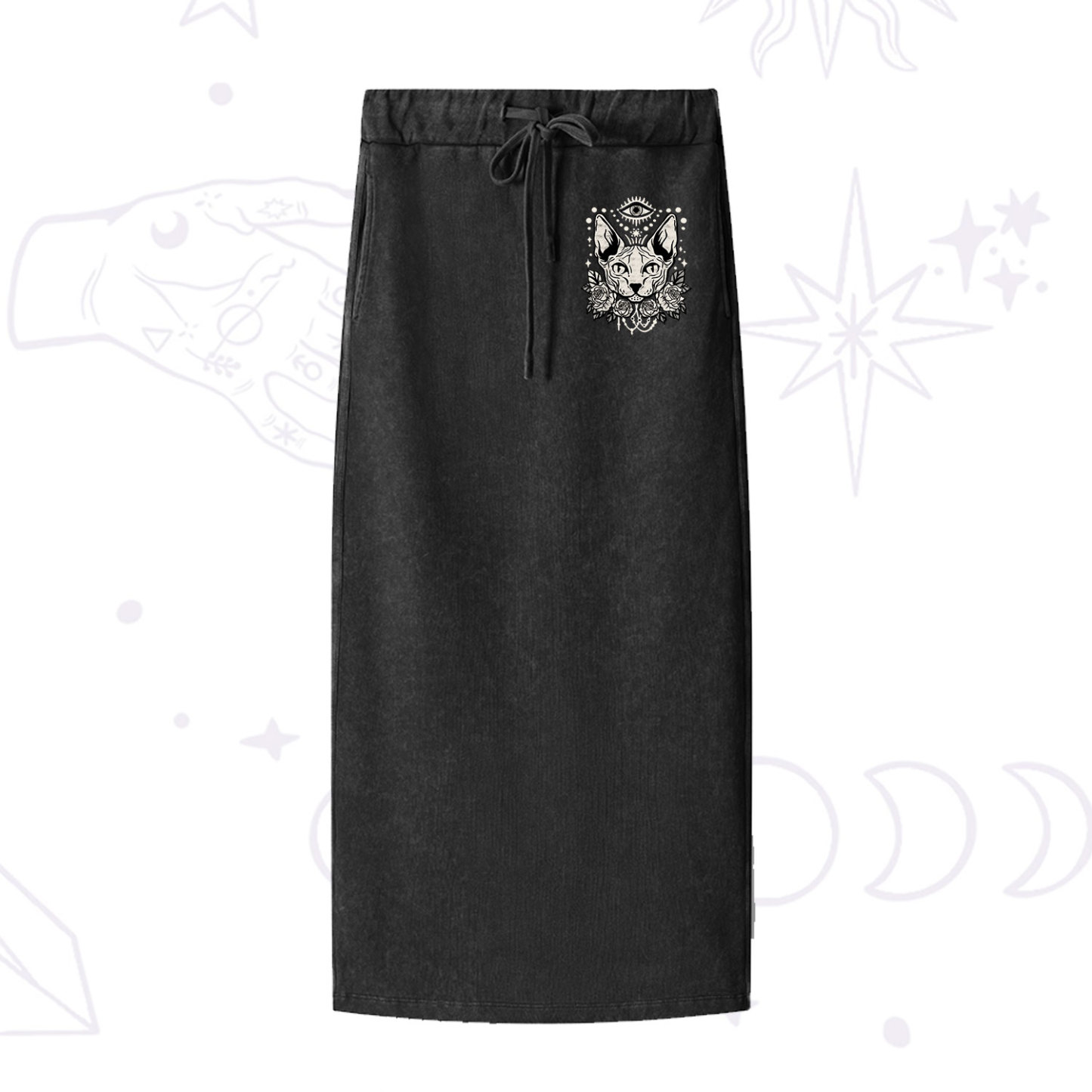 Purplehecate Mystical Cat Washed Drawstring Long Skirt
