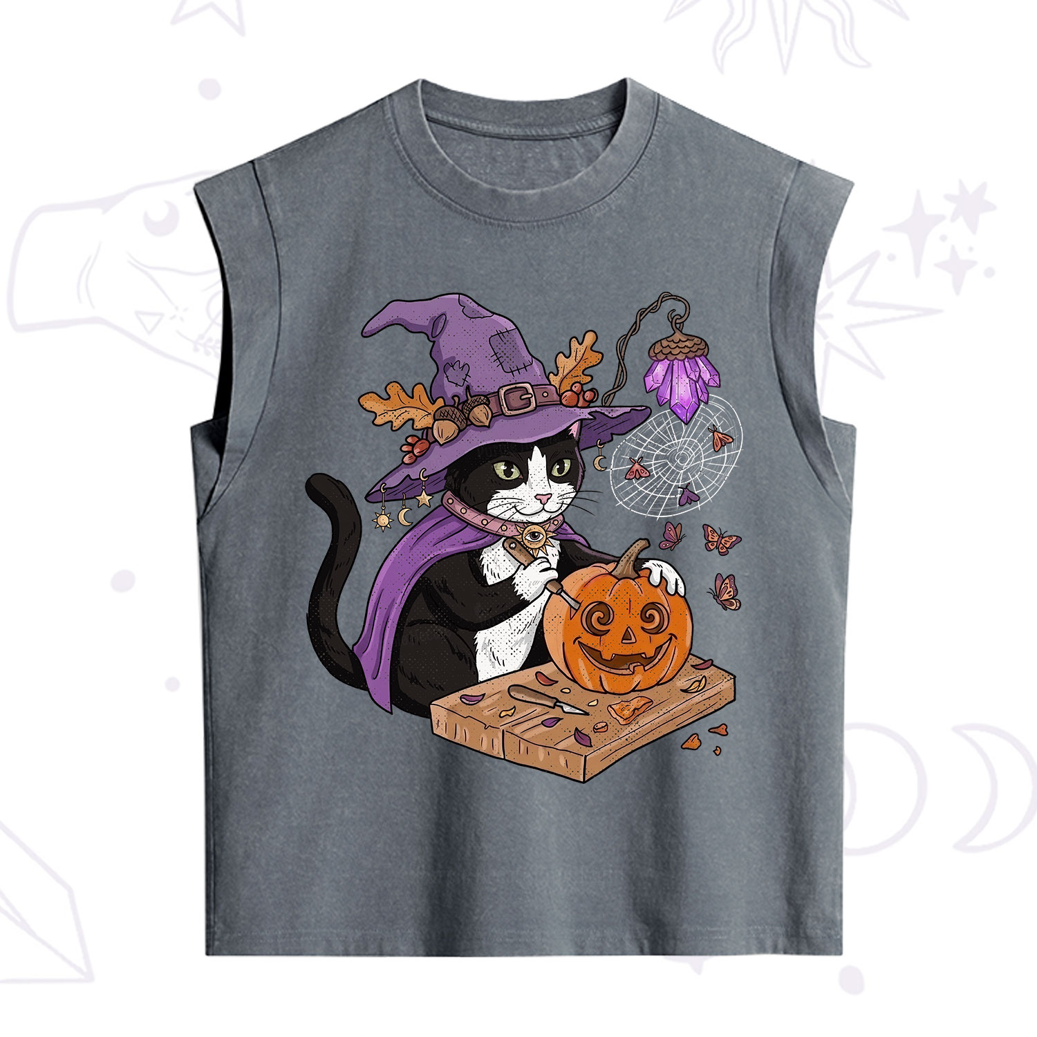 Purplehecate Pumpkin Carving Witch Cat Vintage Washed Tank