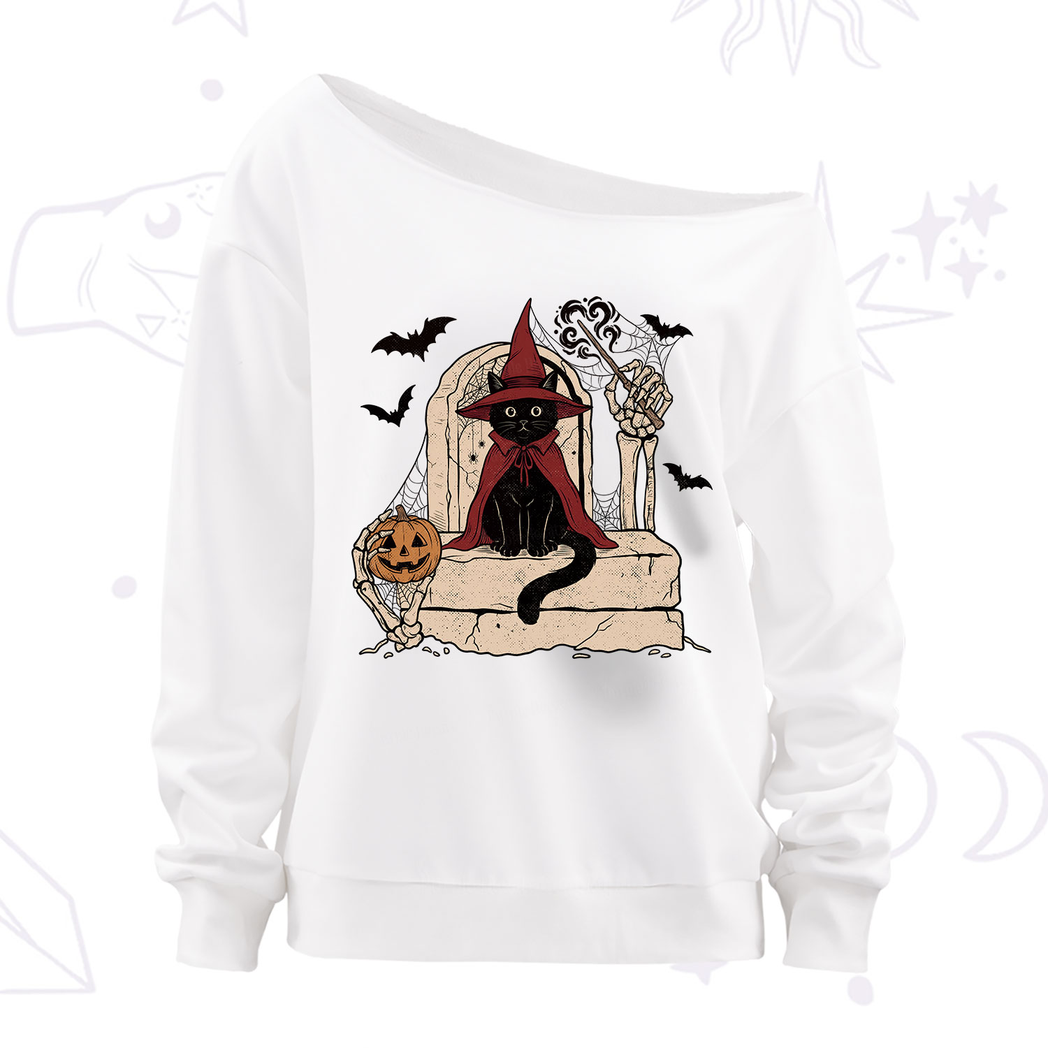 Purplehecate Wizard Black Cat on the Tombstone Halloween Off The Shoulder Sweatshirt