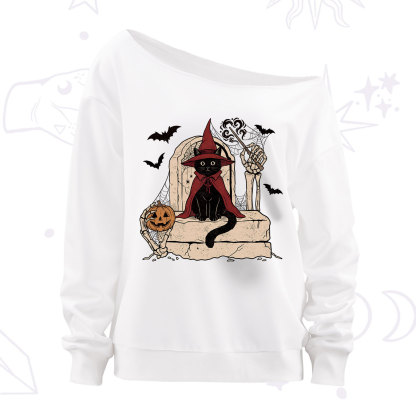 Purplehecate Wizard Black Cat on the Tombstone Halloween Off The Shoulder Sweatshirt