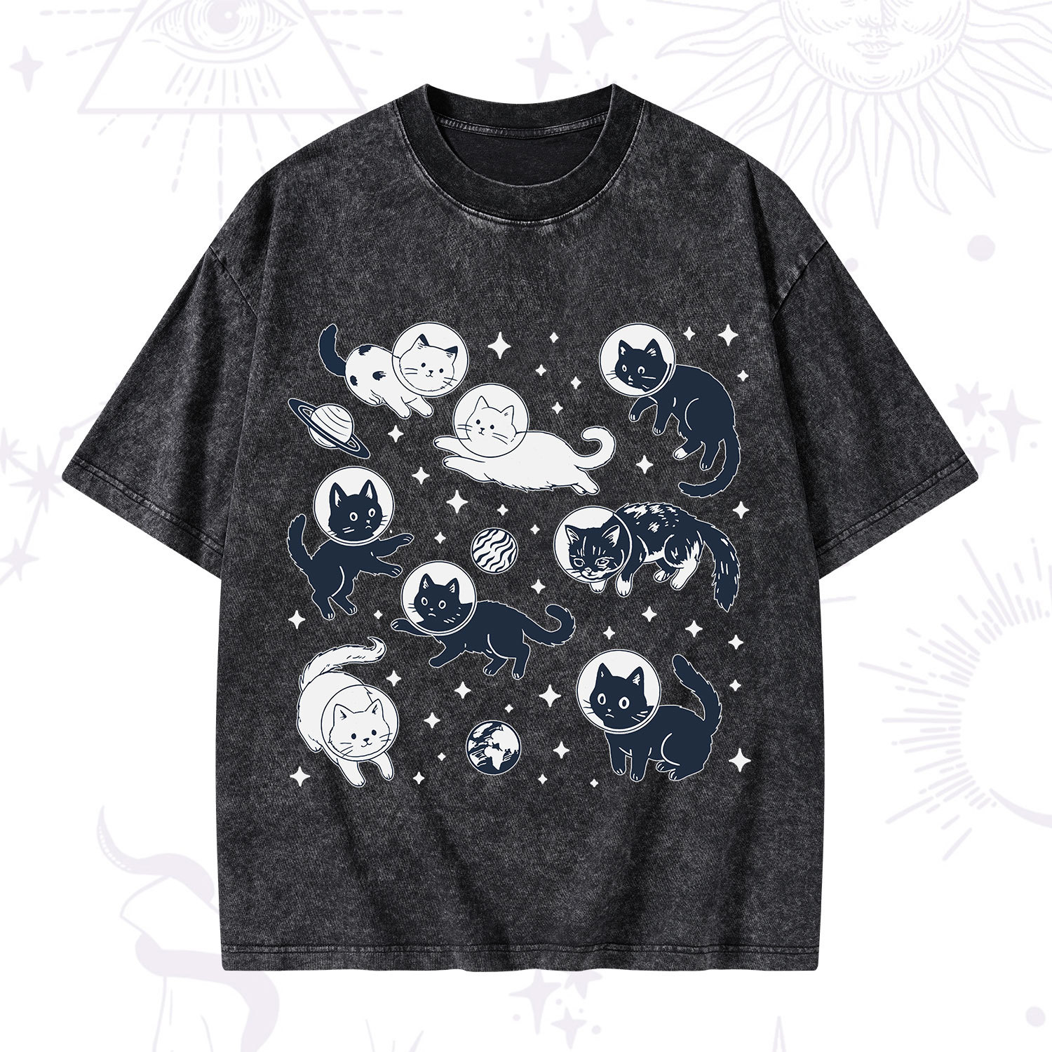 Purplehecate Cats in Space Washed T-Shirt