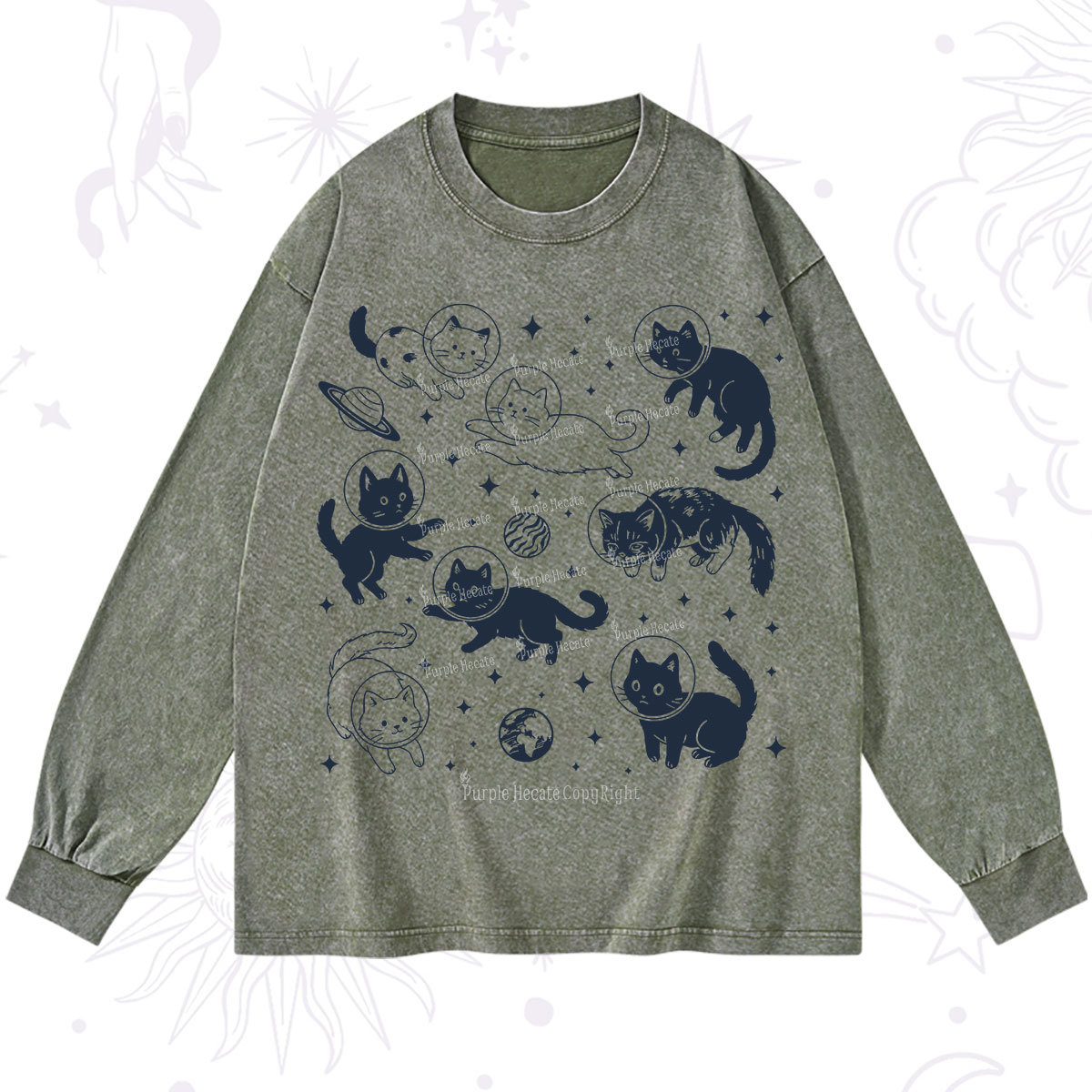 Purplehecate Cats in Space Washed Long Sleeve Shirt