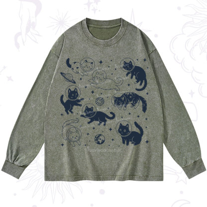 Purplehecate Cats in Space Washed Long Sleeve Shirt
