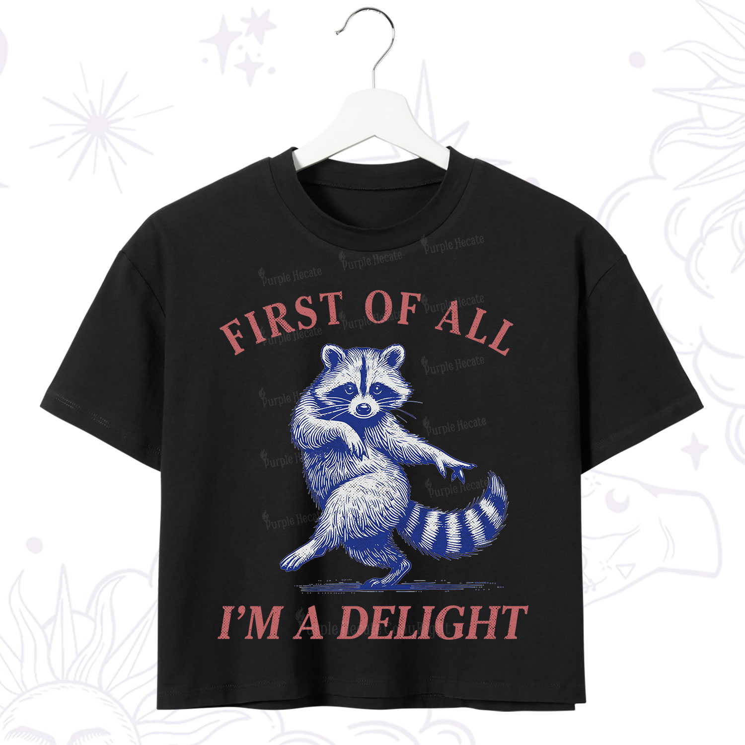 Purplehecate First of All I'm a Delight Funny Raccoon Crop T-Shirt
