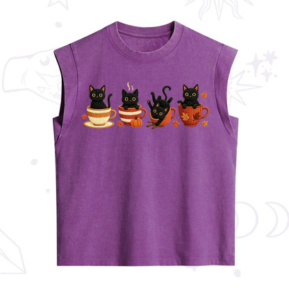 Purplehecate Black Cat Embroidered Vintage Washed Tank