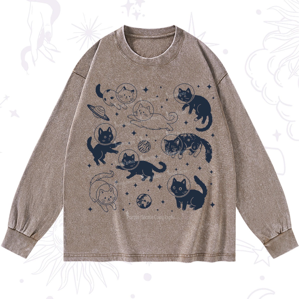 Purplehecate Cats in Space Washed Long Sleeve Shirt