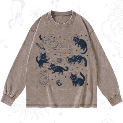 Purplehecate Cats in Space Washed Long Sleeve Shirt
