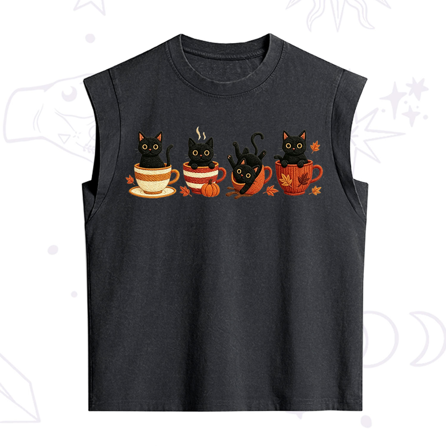 Purplehecate Black Cat Embroidered Vintage Washed Tank
