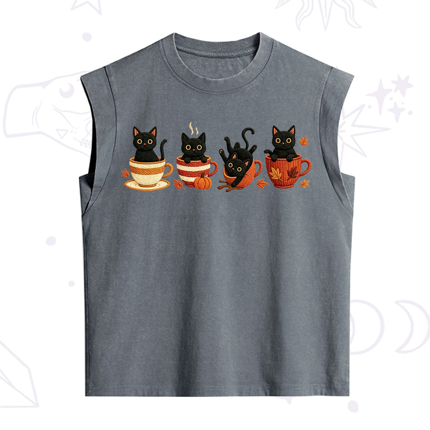 Purplehecate Black Cat Embroidered Vintage Washed Tank