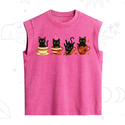 Purplehecate Black Cat Embroidered Vintage Washed Tank