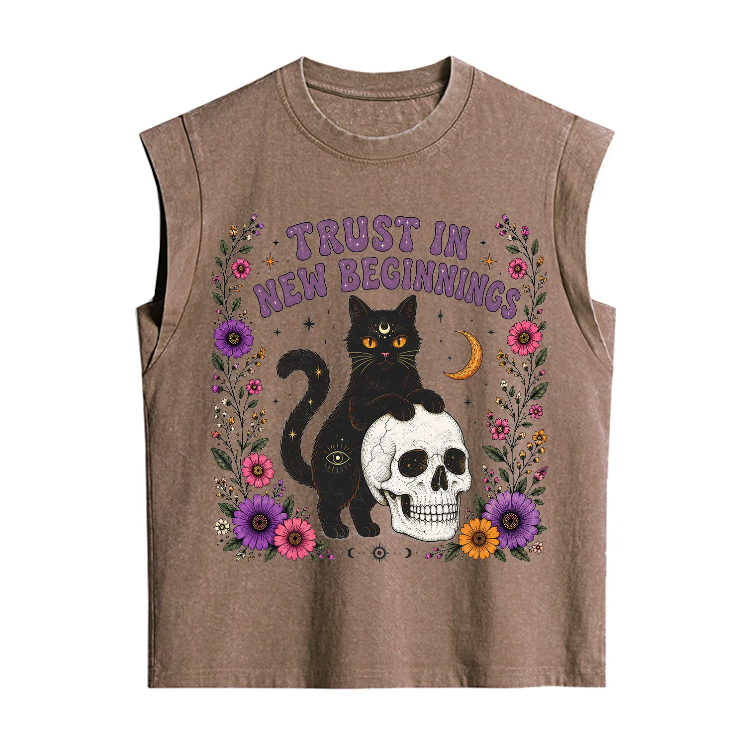 Purplehecate Trust in New Beginnings Black Cat Vintage Washed Tank
