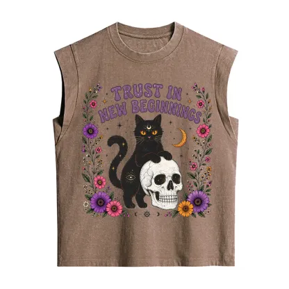 Purplehecate Trust in New Beginnings Black Cat Vintage Washed Tank