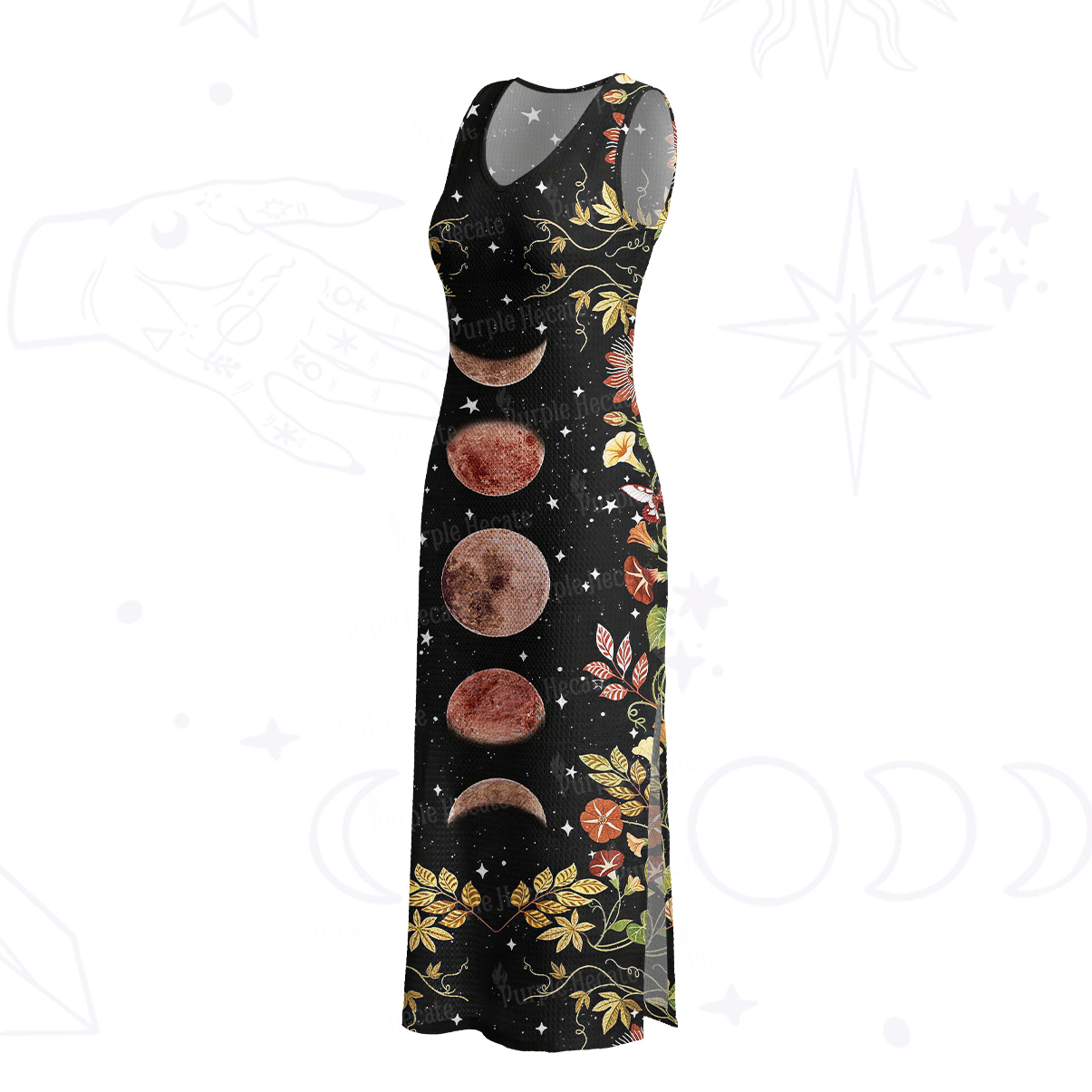 Purplehecate Moon Phase Floral Crochet Knit Maxi Dress