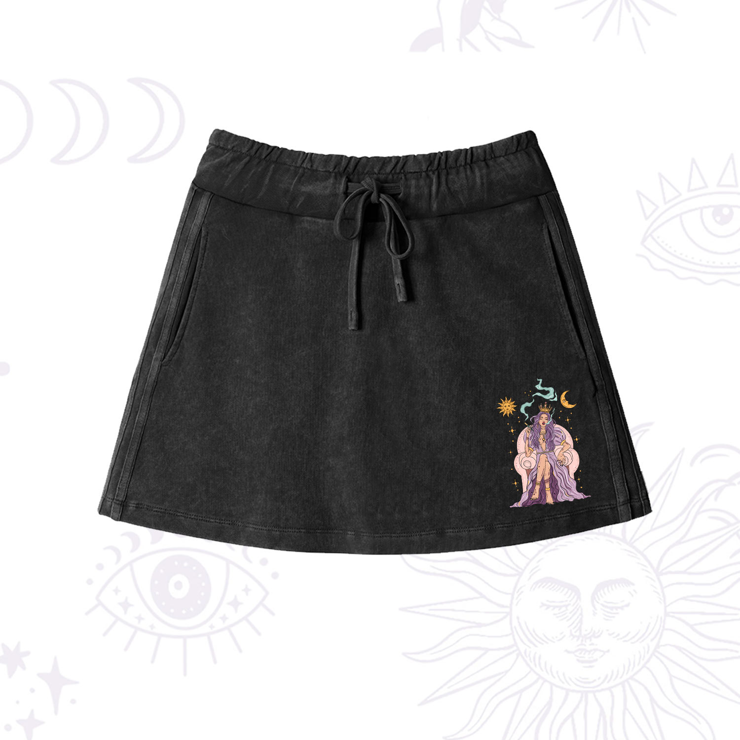 Purplehecate The High Priestess Tarot Card Washed Drawstring Mini Skirt