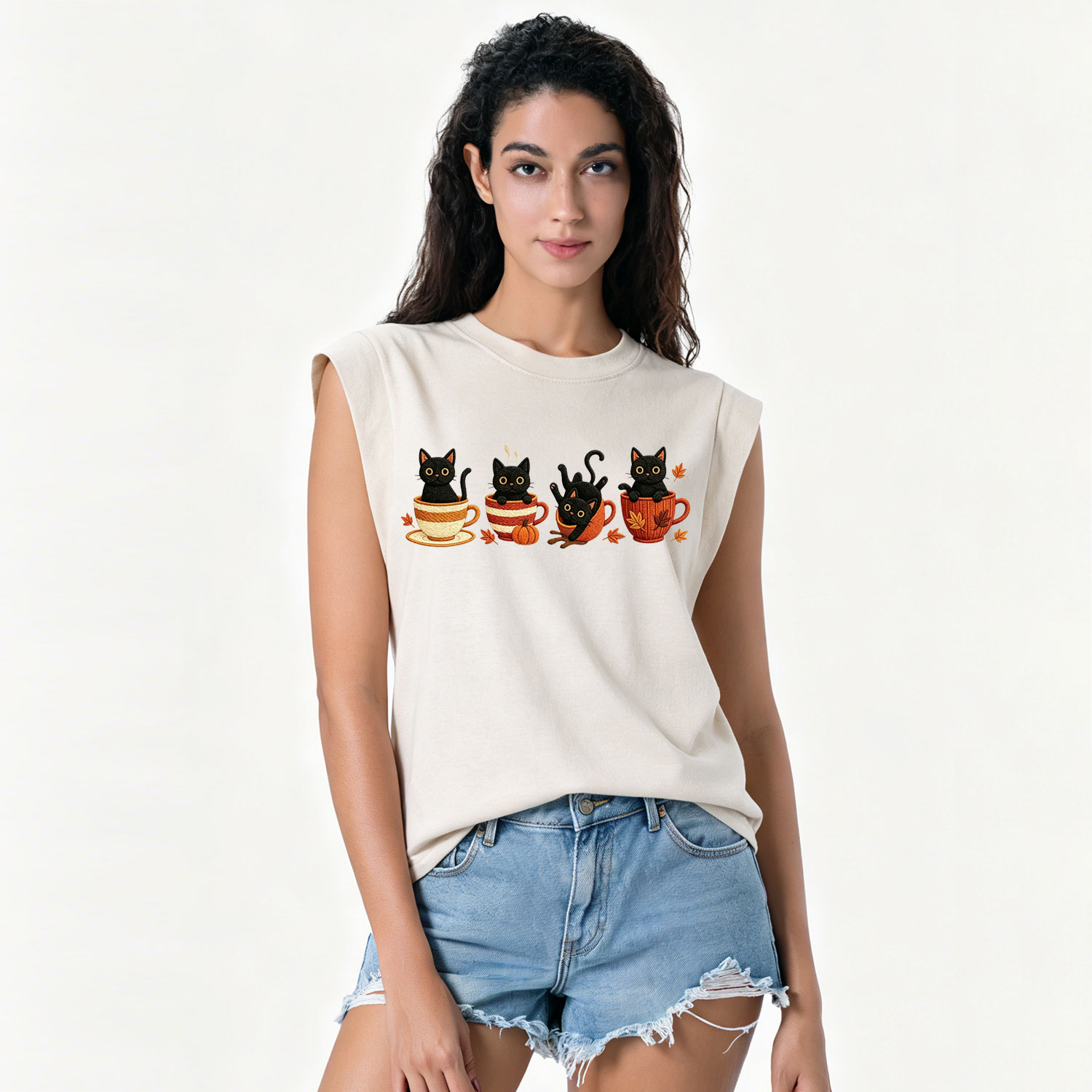 Purplehecate Black Cat Embroidered Vintage Washed Tank