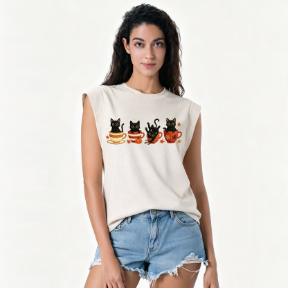 Purplehecate Black Cat Embroidered Vintage Washed Tank