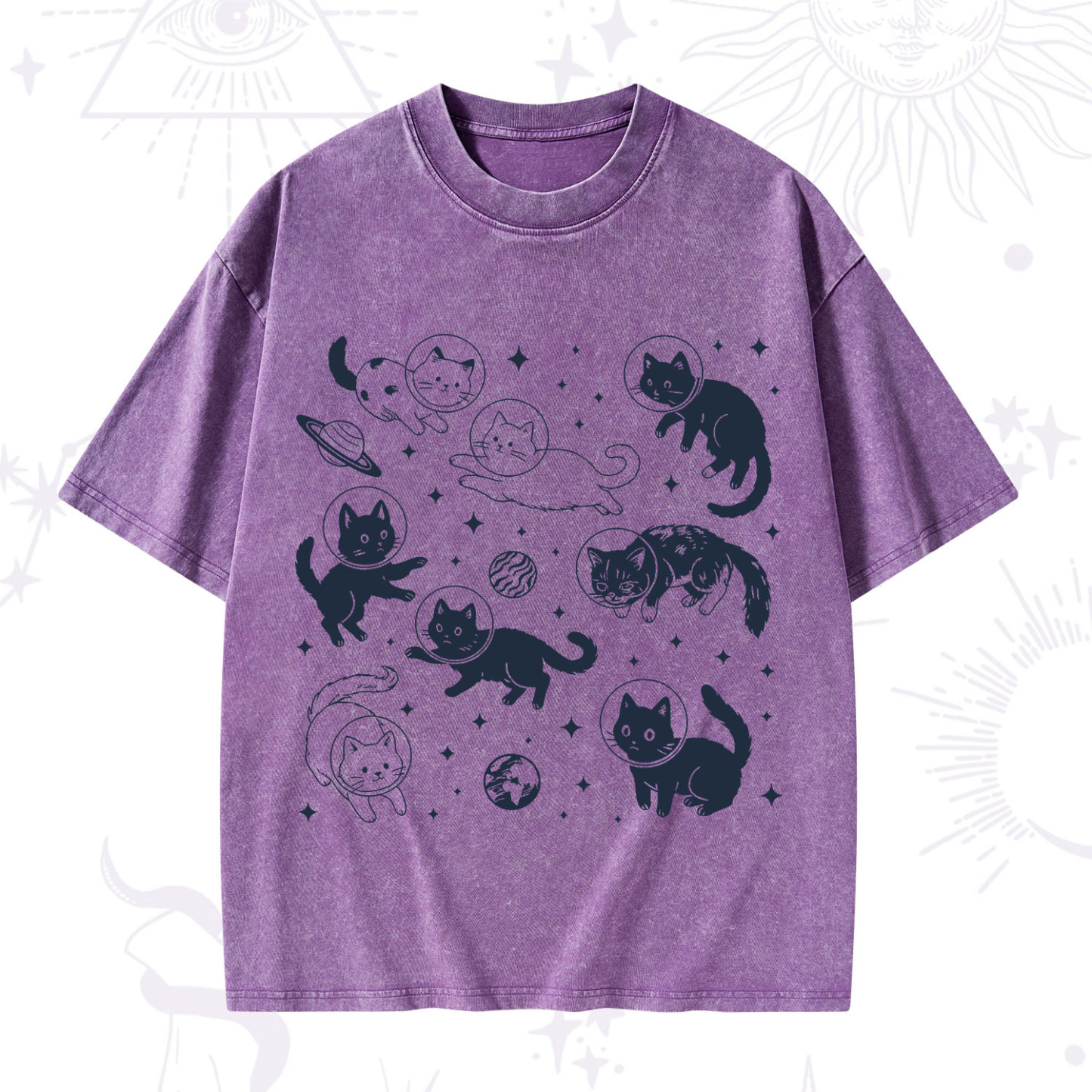 Purplehecate Cats in Space Washed T-Shirt