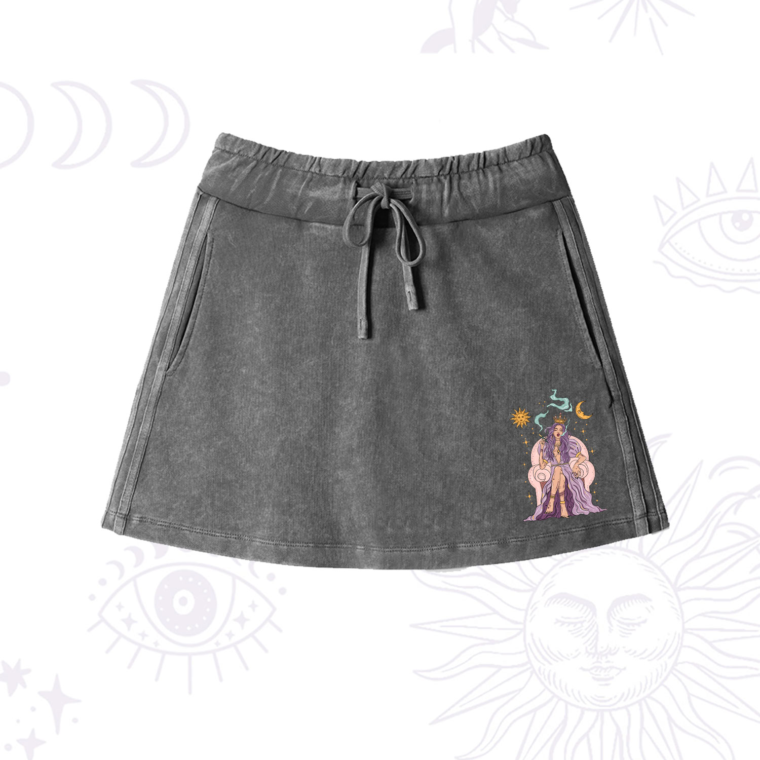 Purplehecate The High Priestess Tarot Card Washed Drawstring Mini Skirt