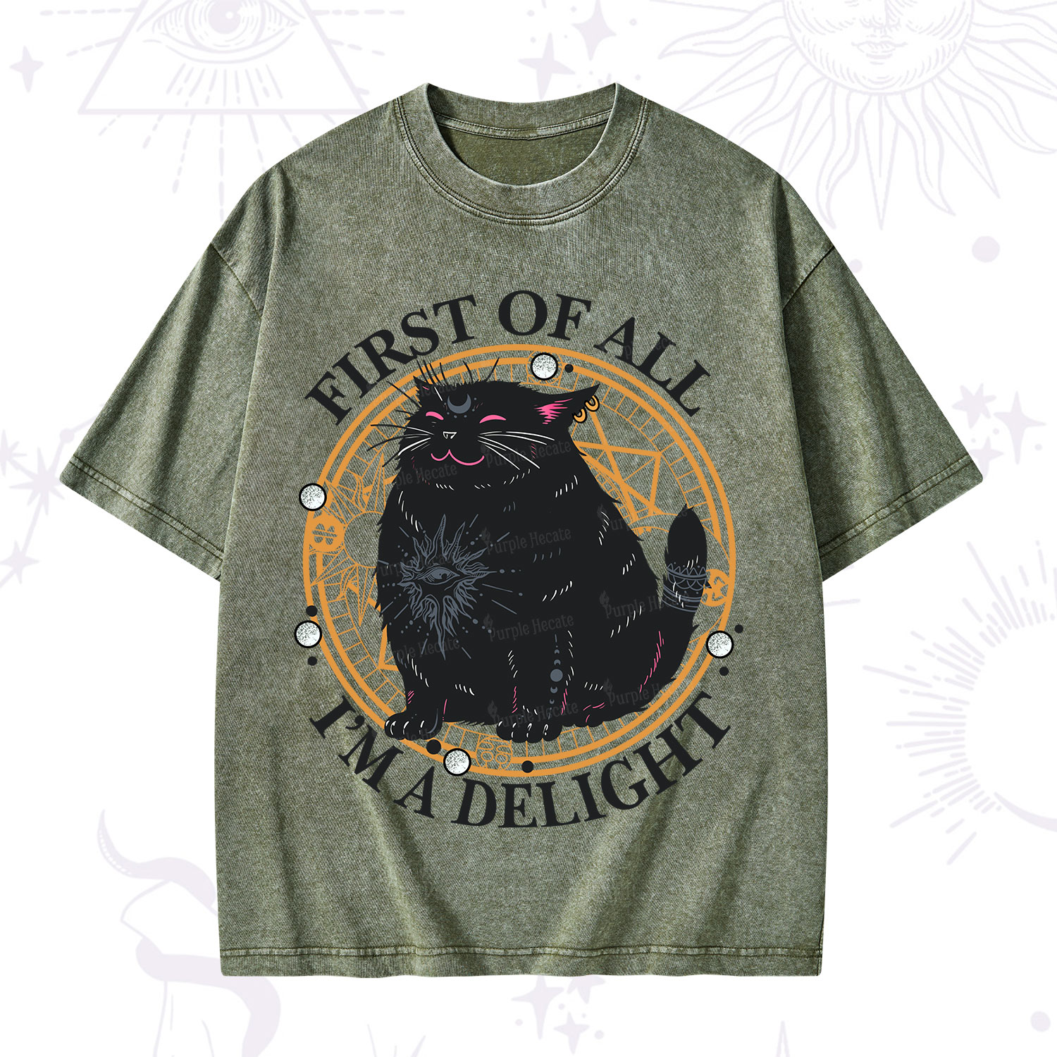 Purplehecate First Of All I'm A Delight Cat Washed T-Shirt