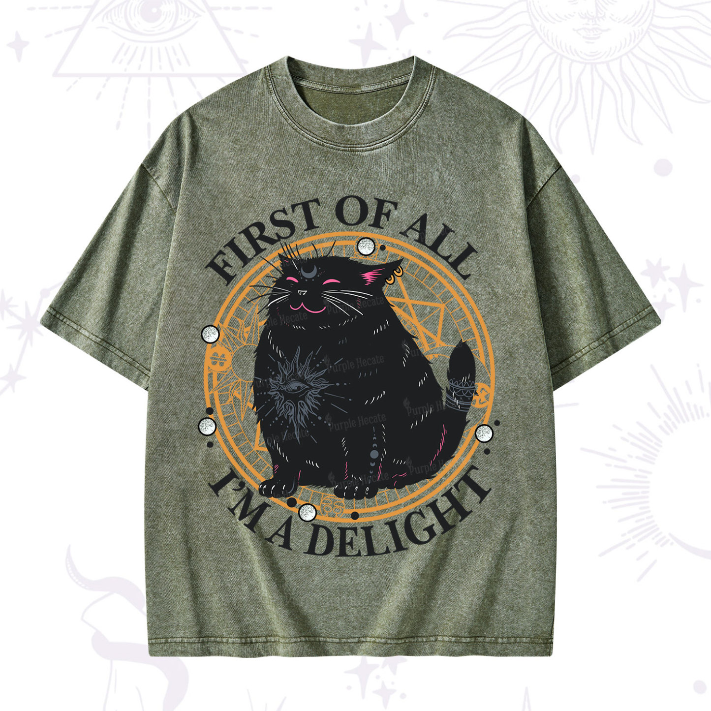 Purplehecate First Of All I'm A Delight Cat Washed T-Shirt