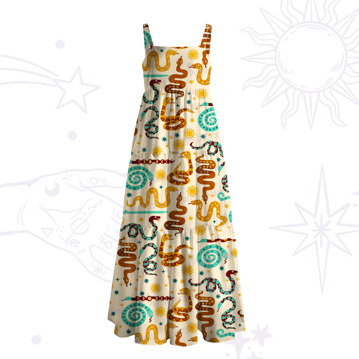 Purplehecate Mystic Sunlit Serpent Runes Wide Straps Maxi Dress