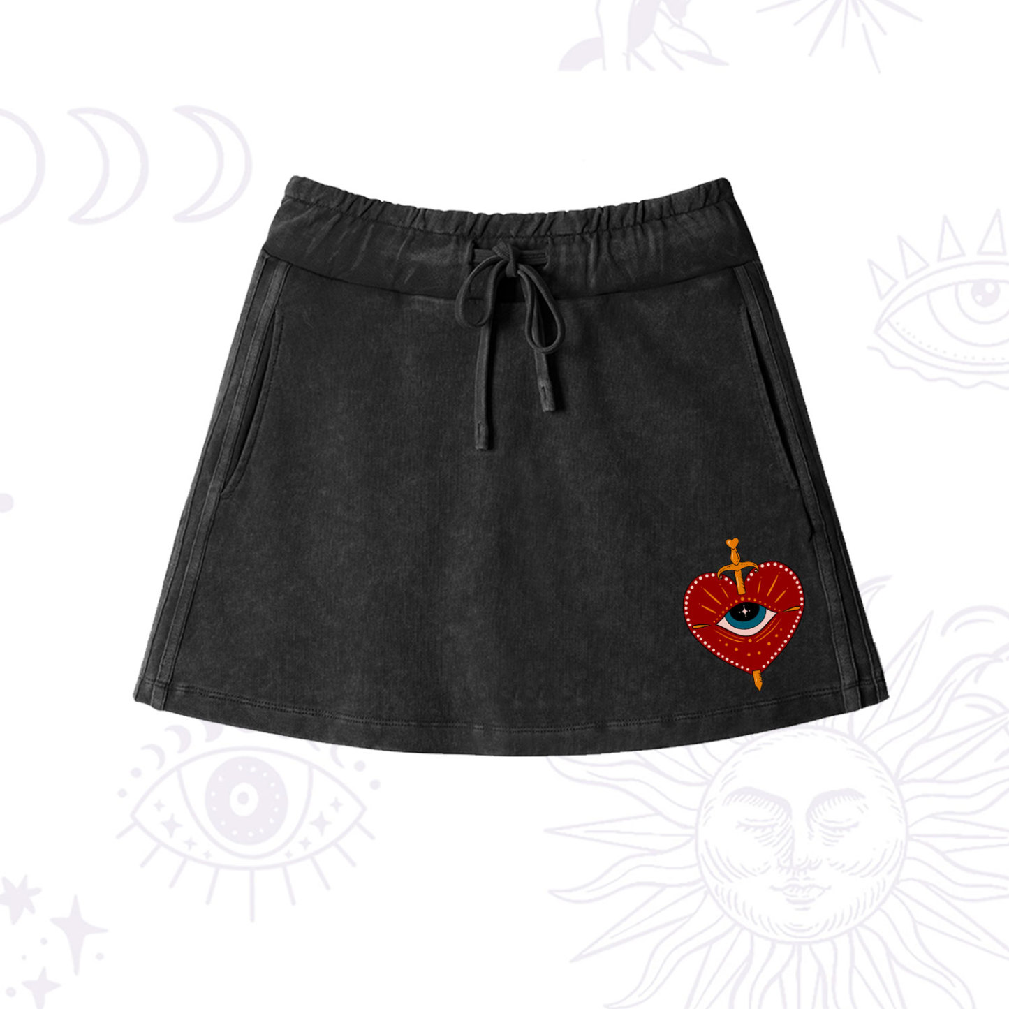 Purplehecate Queen of Hearts Washed Drawstring Mini Skirt