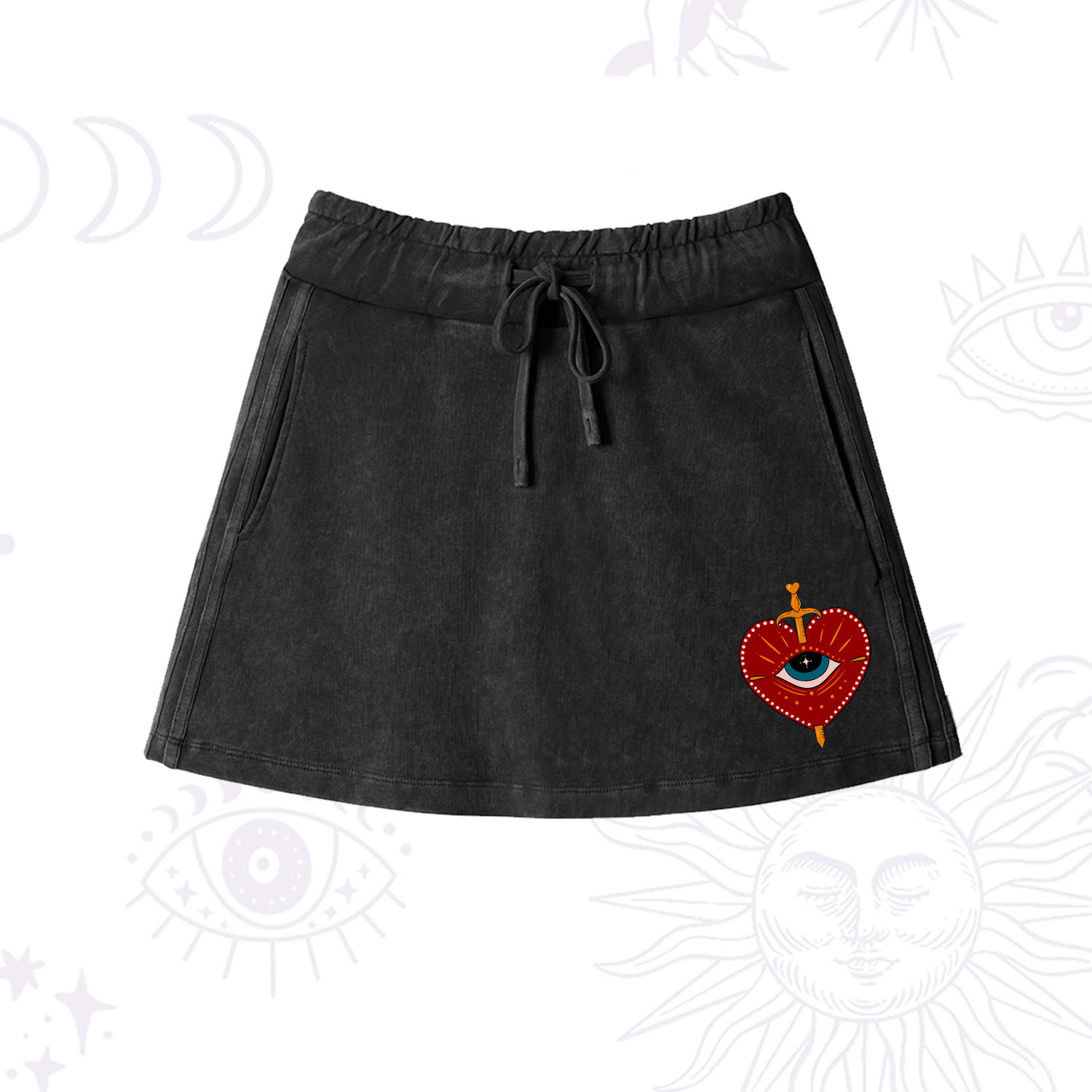 Purplehecate Queen of Hearts Washed Drawstring Mini Skirt